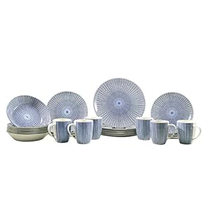 TUDOR ROYAL 24-Piece Round Porcelain Dinnerware Set, Service for 6, SINGAPORE Design, Geometric Radial, Blue, Plates Bowls Mugs Dishes, High Gloss, Premium Quality