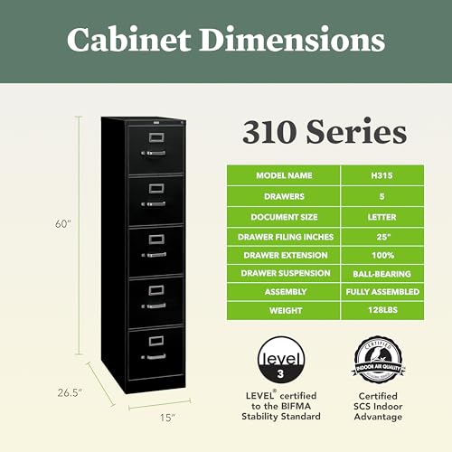 Image of HON 5 Drawer Vertical File Cabinet with Lock, Metal Filing Cabinets with 5 Drawers for Hanging Files and Letter Files, 26.5 inch Deep, Black