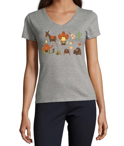 T-shirt col V en coton gris pour femme avec imprimé Cowboy Western Cute Art