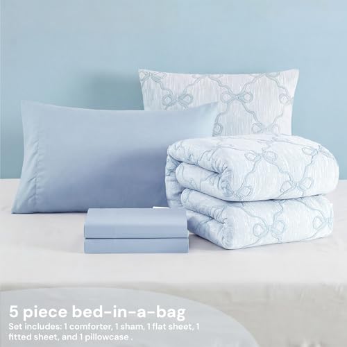 Image of BLOOMHAVEN Twin XL Comforter Set for Girls, 5 Pieces Blue Bow Bedding Set, All Seasons Kids Twin Comforter Set with Sheets, Pillowcase & Sham