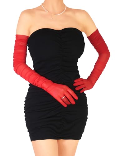 XXDingbs Womens Sexy Sheer Gloves Mesh Tulle Super Long Gloves Opera Christmas Costume Party Dance Glove Red