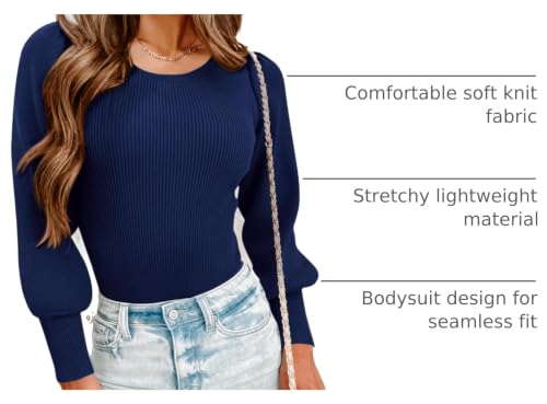 Image of MASCOMODA Womens Puff Long Sleeve Ribbed Sweater Bodysuits | Fall Winter Outfits 2026, Crewneck Knitted Bodysuit Dressy Casual, Cute Slim Fit Pullover Tops, Work, Date, Dress Up & Down