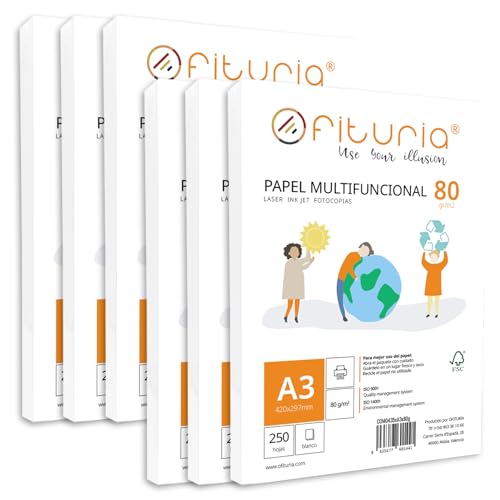 Paquete de folios A3 de 80gr con 250 Hojas Blancas, Papel Multifuncional para Uso Escolar y Entornos Laborales. Ideal con impresoras láser, de inyección o fotocopiadoras - Ofituria (A3, 1500h)