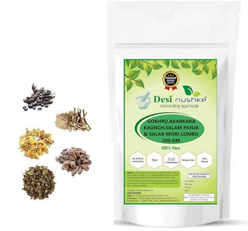 Desi Nushke Gokhru,Salab Mishri,Kaunch Beej,Salam Panja & Akarkara Root Powder Combo For Men | 200gm