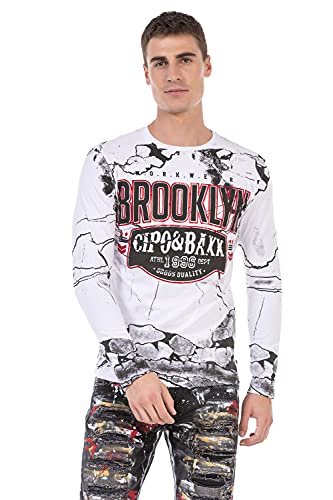 Cipo & Baxx Herren Sweatshirt CL487 Weiß – Stylischer Pullover im Modernen Streetwear Look mit Rundhals & Print – Bequemer Sweater für Alltag, Freizeit & Party - CL487 Weiß L
