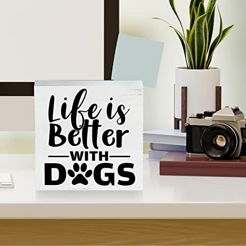 Farmhouse Life Is Better With Dogs Wooden Box Sign Dog Lovers Wood Block Tabletop Sign Decorative Desk Sign Home Shelf Decor 5 X 5 Inches #TOP2