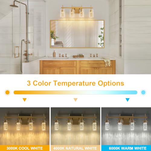 Image of 4-Light Gold Vanity Light with 3 Color Modes (3000K /4000K /6000K), Eye Protection LED Bathroom Light Fixture, Dimmable Modern Wall Light Over Mirror with Clear Glass Shade