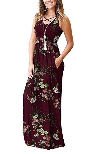 Lilbetter Women's Casual Loose Long Dress Sleeveless Floral Print Maxi Dresses With Pockets(Flower Wine Red,Xx-Large) #TOP1