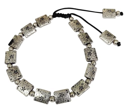 Image of Touchstone Indian Bollywood Handcrafted Nicely Engraved Star Floral Inspired Rectangle Round Style Definition Designer Jewelry Thread Adjustable Bracelet in Oxidized Silver Tone for Women