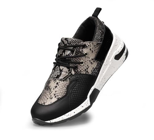 LUCKY STEP Zapatillas Mujer Zapatos de Moda con Plataforma Retro y Cordones Casuales (Negro/Oro Serpiente, 7US-37EU-4UK)