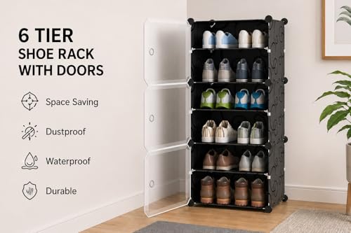 Image of KRISHYAM Plastic Shoe Rack Cabinet | Waterproof & Dustproof Shoe Organizer | 6-Tier Multipurpose Shoe Storage Rack | Space-Saving Shoe Stand for Home, Entryway & Bedroom [Black, 3-Door-6-Shelf]