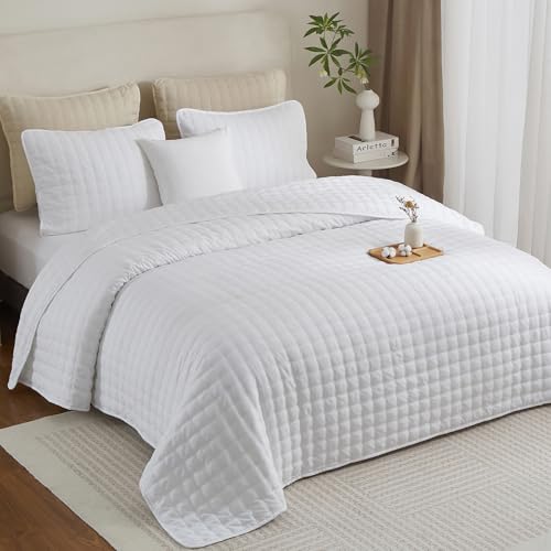 Powdion Quilt King Size, Lightweight Soft King Quilt Comforter Coverlet, All Season White Quilt King Size with Pillow Shams, Western Shabby Chic Thin Comforter 3 Pcs 96x106 Bedspread