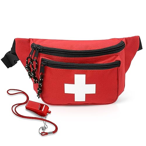 EMS XTRM Lifeguard Fanny Pack Red with Whistle Lanyard - Baywatch Style First Aid Hip Pack, Adjustable Strap, Cross Logo + Zipper Pouch, 1 Pack