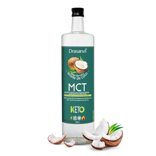 DRASANVI Aceite MCT Coco | 70 % Ácido Caprílico C8 30 Ácido Cáprico C10 | Rápida fuente de energía de fácil absorción | Ayuda en la pérdida de peso | Saciante | 500 ml |Sin sabor