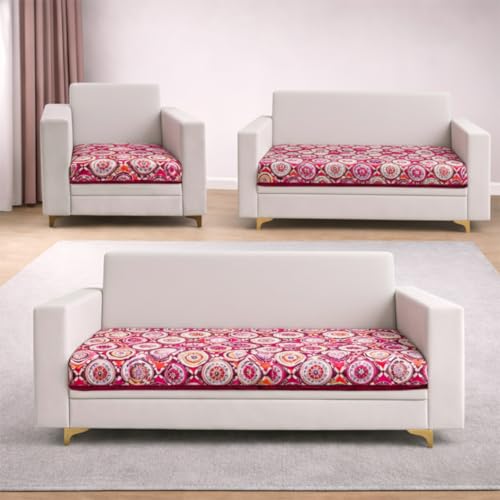 Image of Homerz Premium 6 (3+2+1) Seater Velvet Sofa Panel Cover with Digital Prints | Anti-Slip Backing (Pink Rangoli, 6 (3+2+1) Seater)