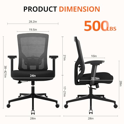 Image of 500 lbs Big and Tall Office Chair, Heavy Duty Mesh Desk Chairs with Comfort Spring-Supported Extra-Wide Seat Cushion, 3D Armrests, Ergonomic Breathable Computer Chair for Heavy People