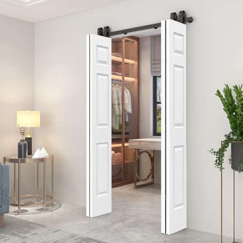 60 in. x 80 in. 6 Panel Primed MDF Composite Double Bi-Fold Barn Door with Sliding Hardware Kit - Thumbnail 5