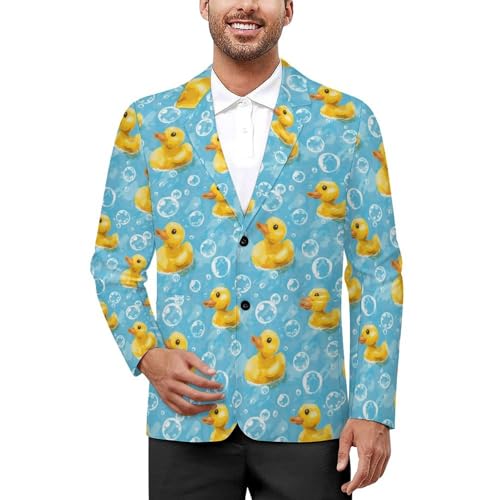 Yellow Rubber Duck and Bubbles Printed Men's Classic Fit Suits Funny Casual Stylish Two Button Blazer