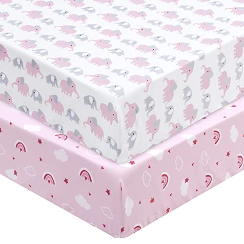 Phf Soft Polyester Elephant Crib Sheet Fitted, 2 Pack Silky Comfy Breathable Baby Sheets For Boys Girls, 28X52X9In Fits Standard Crib And Toddler Mattresses, Elephant & Rainbow Pink #TOP9