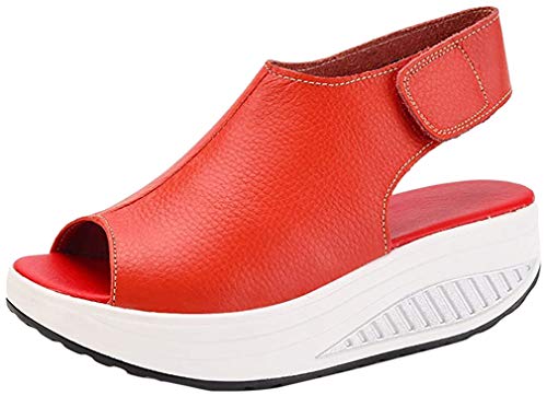 DAFENP Sandales Compensées Femme Été Sandales Plateforme Confort Cuir Chaussures Talon pour Marcher LX908-1-Red1-EU40
