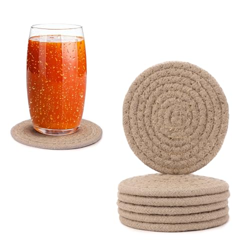 Image of Encasa XO Drink Coasters Set of 6 | Beige with Round (9 cm) | Handcrafted Ribbed Cotton | Absorbent & Heat-Resistant | Use for Tea, Coffee Table & Desk