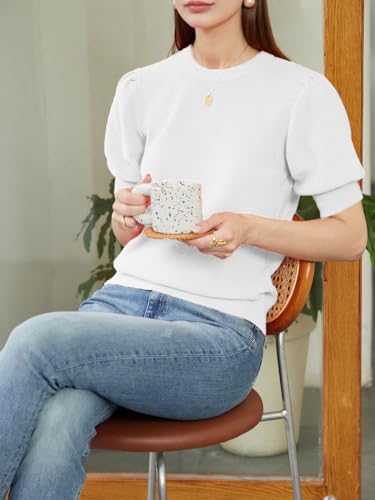 Image of Womens Puff Sleeve Knitted Sweaters Short Sleeve Crew Neck Tops