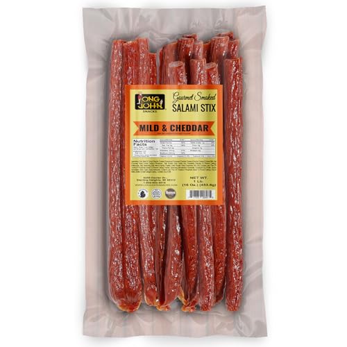 Image of Long John Snacks Dried Salami Sticks, Mild Cheddar, 16 Oz | High Protein Smoked Meat Sticks Bulk Pack - Handcrafted From Fresh, Never-Frozen Cuts of USA Beef and Pork