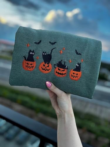 EMBROIDERED Black Cat Sweatshirt – Halloween Pumpkin & Ghost Cat Crewneck – Spooky Fall Sweatshirt for Women & Men – Cat Lover Gift – Cozy Autumn Pullover2
