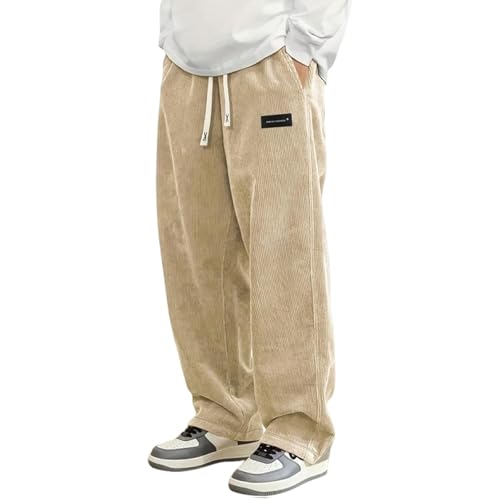 Mokaloha Corduroy Pants, Men's Daily Casual Loose Elastic Waist Pocket Pants, with Embroidered Logo