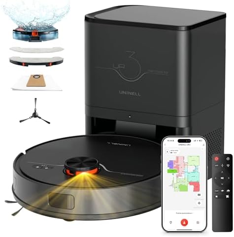 uninell Staubsauger Roboter mit Wischfunktion 8000Pa mit Absaugstation 3.5L | Saugroboter 200Min Laufzeit, LiDAR Navigation, Selbstentleerend，4-in-1 Saug und Wischroboter, Teppich
