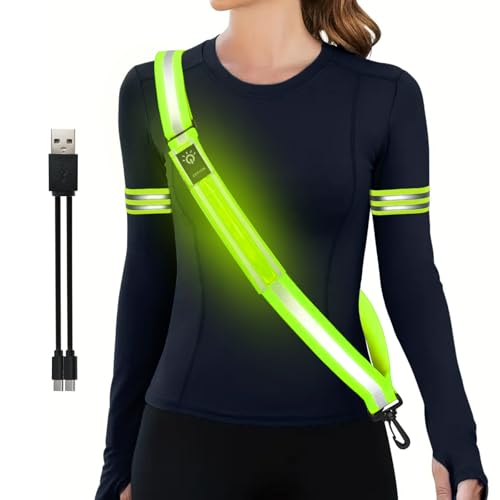 YADOBIG Lauflicht Joggen mit Reflektoren Gürtel, USB Aufladbar Verstellbarer Lauflicht, Nacht Sicherheitslicht Laufgürtel, Lauflicht mit Reflektoren...