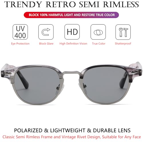 AIEYEZO Polarized Sunglasses for Men Women Classic Semi-Rimless Frame Sun Glasses Fashion Retro Designer Shades (Grey Line/Grey)3