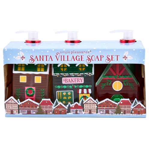 Image of Simple Pleasures Christmas Holiday Village 3 Pack - Frosted Strawberry, Snow Flurries, Peppermint Swirl Scented Decorative Refillable Soap Dispensers for Kitchen Countertops and Bathroom Sinks