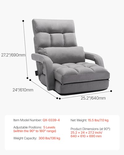 Image of VEVOR Floor Chair, Floor Gaming Chair with 5 Adjustable Position and Back Support, Folding Lounge Chair with Armrest for Adults, Sofa Lounger with Comfy Cushion for Living Room and Bedroom, Gray