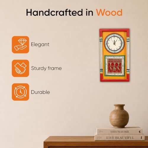Image of AAKRITI ART CREATIONS Wall Clock Handcrafted Warli Art Yellow Dial with Glass Frame Red, Yellow | Wall Clock for Home, Home Decoration | Lightweight Wooden wall Decor | Matte Finish