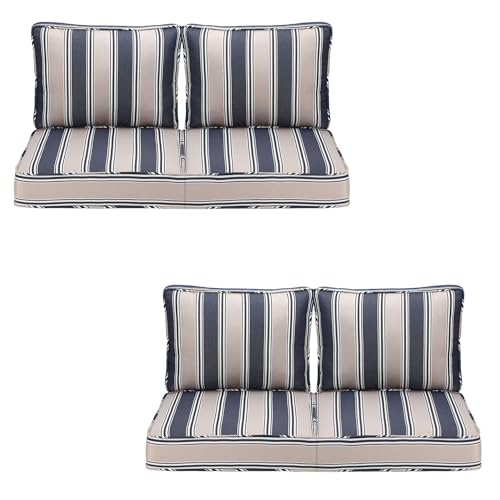 Outdoor Deep Seating Cushion Set, 24" x 24", Waterproof & Fade Resistant Patio Furniture Cushions with Handle, Deep Seat and Back Cushion for Chair and Sofa (4, Blue Stripe)