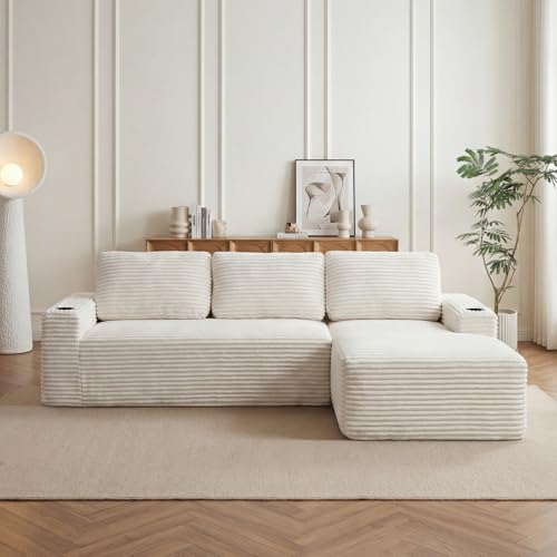 Image of 104 inch L Shaped Boneless Sectional Couches for Living Room, Comfy Corduroy Floor Cloud Sofa with Chaise and Cup Holder, Wide Armrest, Deep Seat, Assembly Free, Ideal for Small Spaces, Beige