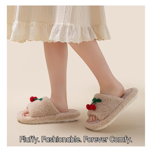 Cute Cherry Design Fluffy Warm Fuzzy Slippers Comfy Autumn Winter Indoor Outdoor Slippers2