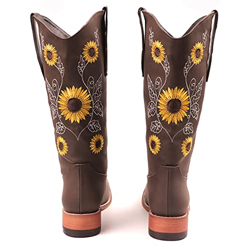 So Simpok Womens Embroidered Sweet Sunflower Cowboy Cowgirl Boots Retro Western Chunky Heels Mid Calf Boots Dark Brown #TOP4