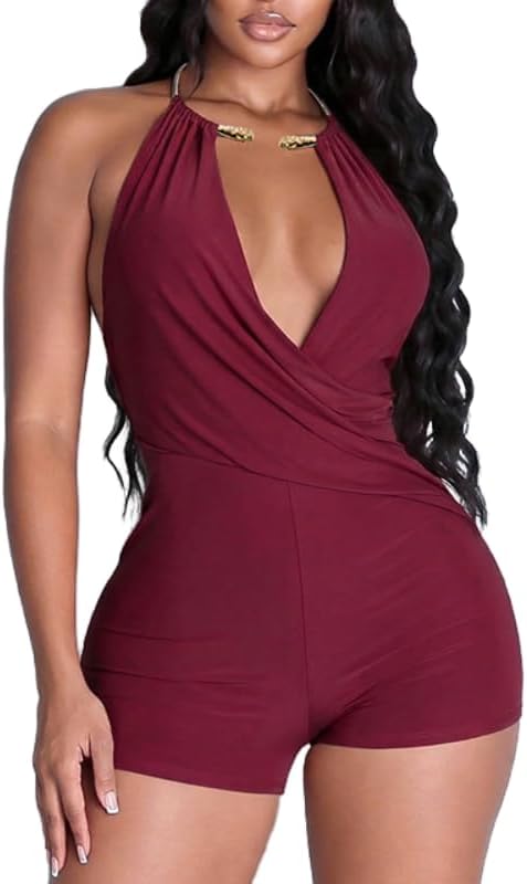 Women's Bodycon Rompers Sexy Sleeveless Halter Neck Backless Jumpers Lounge Short Jumpsuits Summer Vacation Outfits