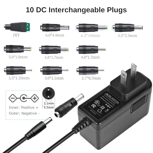 UL Listed 12V 2A AC/DC Adapter, 12 Volt 2 Amp 24W Power Supply with 10 Tips for LED Strip Lights, CCTV Cameras, Routers, 12V Wall Wart Transformer Charger, 5ft Power Supply Cord Included (2 Pack)2
