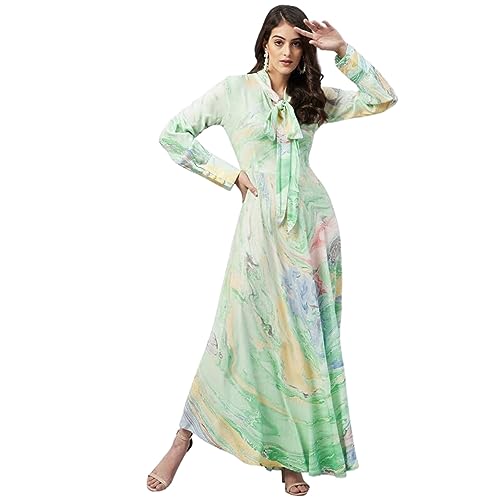 Image of Aaheli Women's Rayon Marbled Print Maxi Dress | Long Sleeve Tie-Neck A-Line Flared Dress | Casual, Party Western Outfit | Green