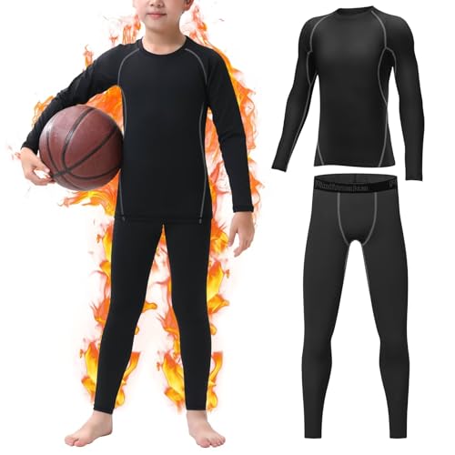 Rolimaka Kids Base Layer Boys Thermals Long Sleeve Top & Tights Fleece Lined Football Compression Set Athletic Kids Thermal Base Layer Set Skins Youths Black(Grey Line M