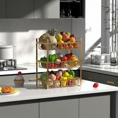 Image of 2 Tier Countertop Fruit and Vegetables Basket | Multipurpose Storage Organize Stand for Kitchen, Dining Table and Bathroom (3 Tier Gold)