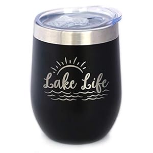 Lake Life – Wine Tumbler with Sliding Lid – Stemless Stainless Steel Insulated Cup – Cute Outdoor Camping Mug – Black