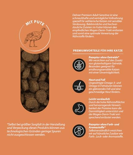 Dehner Premium Katzenfutter Sensitive, Trockenfutter getreidefrei, für ausgewachsene ernährungssensible Katzen, Pute, 2 kg