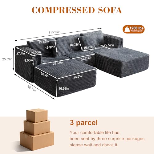 Image of 110 Corduroy Modular Sectional Boneless Sofa with 2 Ottomans, Convertible Cloud Couch with Deep Seats, Fluffy Memory Foam U Shaped Couch for Living Room, No Assembly Required (Gray)