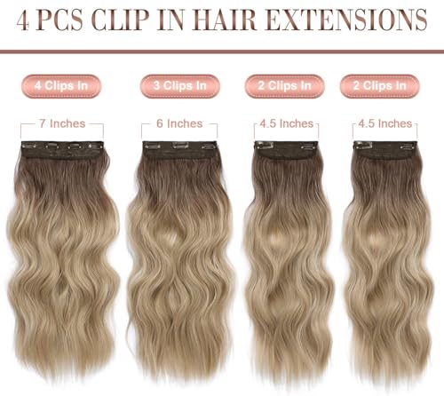 Hair Extensions Clip In 20Inch Long Wavy Hair Extensions 4Pcs Synthetic Full Head Seamless Weft for Natural Volume for Daily Use/Any Occasions Weft for Natural Volume Ombre Dirty Blonde with Dark Root