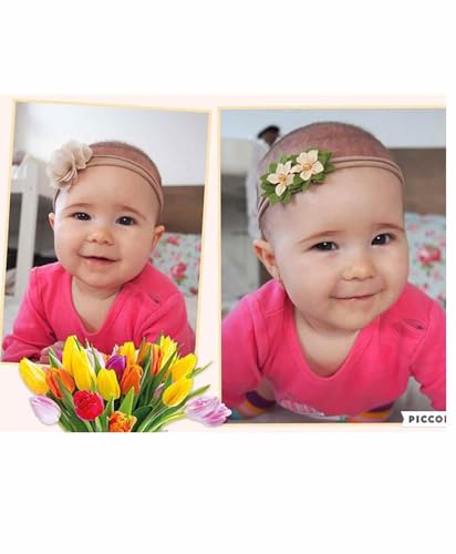Image of SYGA 3 Pcs Baby Headband Nylon Flower Stretchable HairBand for Newborn Infant Toddlers Kids 0-3 Year (Khaki, Free Size)