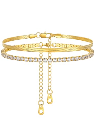 Image of FindChic Black /Silver /Gold Plated Anklets Set of 2PCS /3PCS Herringbone Chain Cuban Link Heart Charm Sparkling Tennis Ankle Bracelets, Waterproof Summer Foot Jewelry for Beach